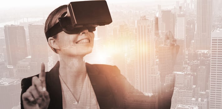 Businesswoman holding virtual glasses on a white background against view of cityscape