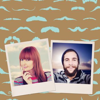Portrait of a smiling hipster woman against composite image of mustaches