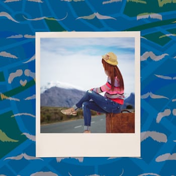 Hipster woman sitting on her suitcase against composite image of mustaches