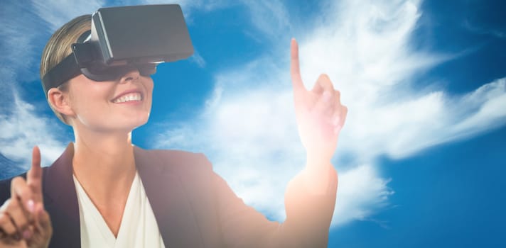 Businesswoman holding virtual glasses on a white background against blue sky with clouds