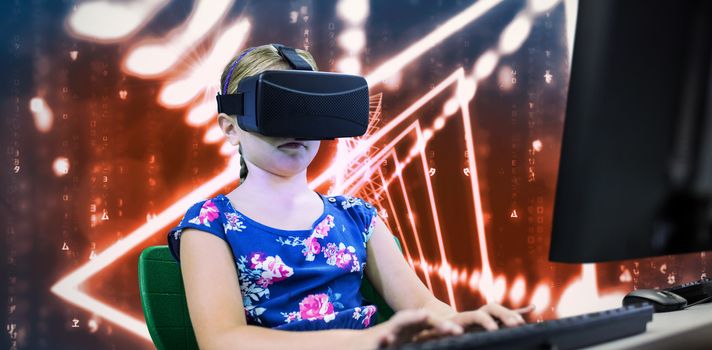 Little girl holding virtual glasses front of her computer against abstract illuminated pattern