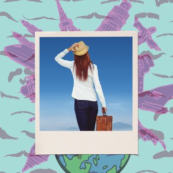 Rear view of hipster woman holding suitcase against composite image of mustaches