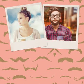 Woman holding coffee cup  against composite image of mustaches