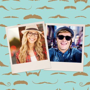 Gorgeous smiling blonde hipster posing against composite image of mustaches