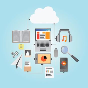Media devices vector with cloud on blue background