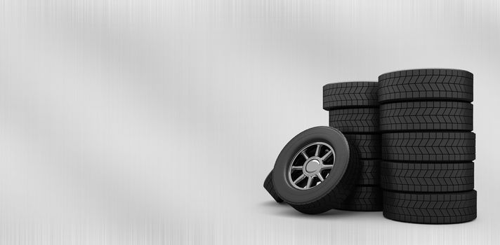 Rows of tyres against black metal texture 