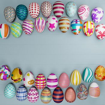 Top view of  set of colorful easter eggs place light blue wooden background with space. 3D illustration.