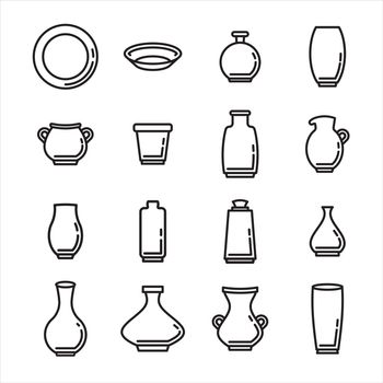 Vector icon set of various kitchenware on white background