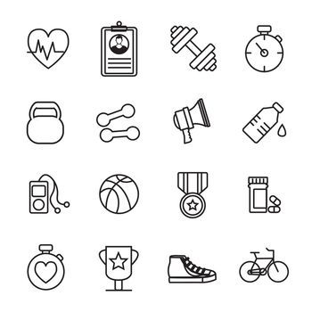 Vector icon set of fitness equipment on white background
