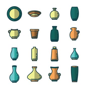Vector icon set of various kitchenware on white background