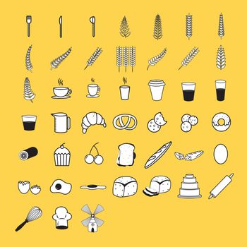 Vector icon set for breakfast and food on white background