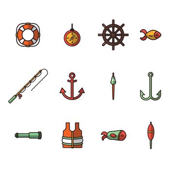 Vector icon set for fishing equipments on white background