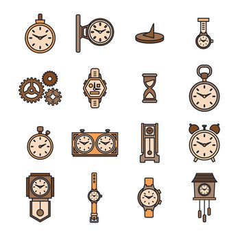 Vector icon set of various clock on white background