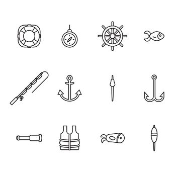 Vector icon set for fishing equipments on white background