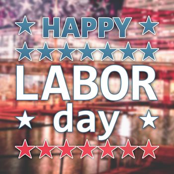 Happy labor day text with star shape against illuminated modern building