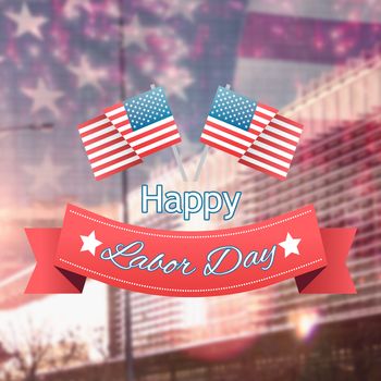 Happy labor day text badge with flags over white background