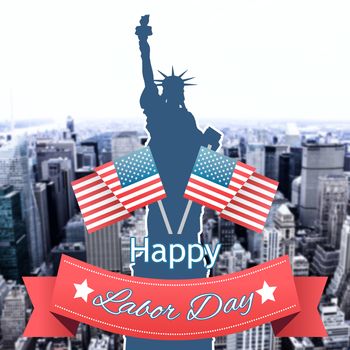Happy labor day text badge with flags against image of a city landscape 