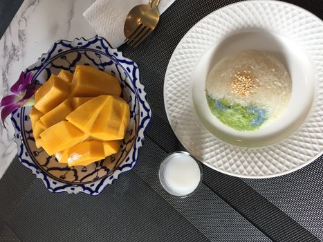 Thai popular dessert sweet Mango With Sticky Rice with mango coconut milk. 