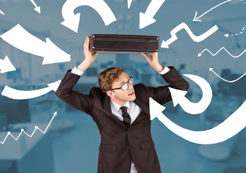 digital composite of business man carrying is suitcase over his head against blue background