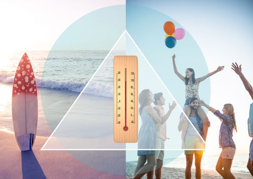 Composite image of family at the beach with a thermometer