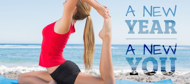 New year new you against fit blonde stretching leg in yoga pose