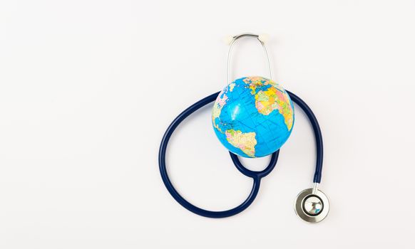 World health day concept, Stethoscope and globe on white background with copy space. Global health care