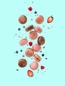 Fly french macarons. Levitate composition with different types colorful macaroons in motion falling or flying on bright blue background