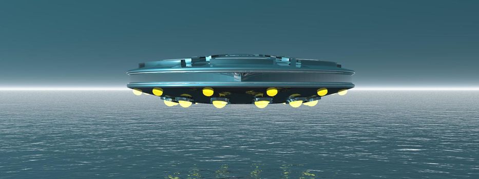 very large flying saucer in the sky and clouds - 3d rendering