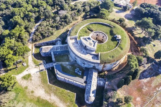 aerial view of Fort Bourguignon, a fortress built during the Austrian Empire in Pula, Istria, Croatia