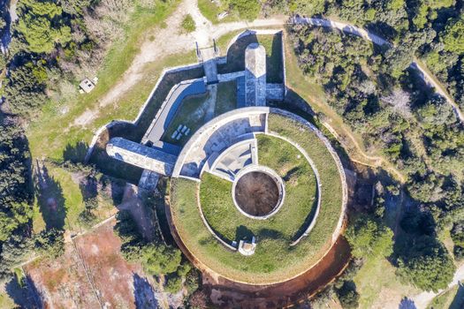 an aerial view of Fort Bourguignon, a fortress built during the Austrian Empire in Pula, Istria, Croatia