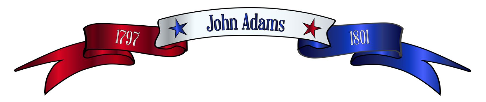 A red white and blue satin or silk ribbon banner with the text John Adams and stars and date in office