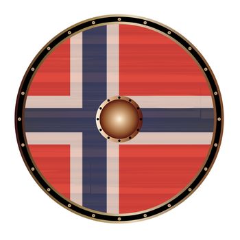 A Viking round shield with the Norwegian flag color design isolated on a white background