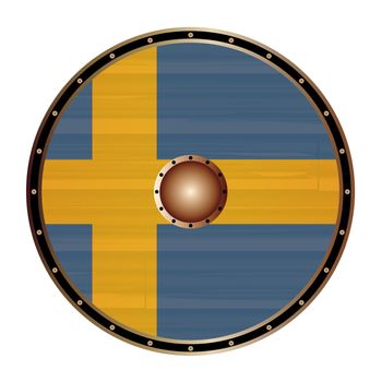 A Viking round shield with the Swedish flag color design isolated on a white background