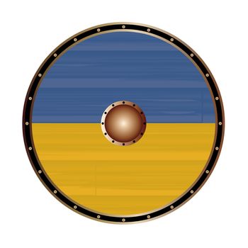 A Viking style round shield with the Ukraine flag color design isolated on a white background