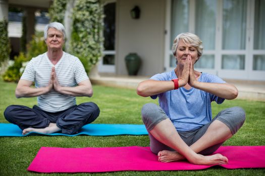 Senior couple practising yoga on exercise mat in lawn
