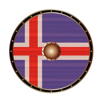 A Viking style round shield with the Iceland flag color design isolated on a white background