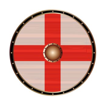 A Viking style round shield with the English flag isolated on a white background