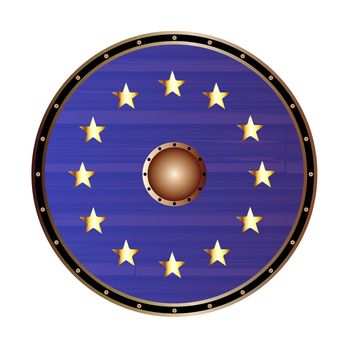 A round shield a depiction of the EU flag on a white background