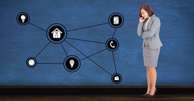 Digital composite image of happy businesswoman looking at connecting communication icons