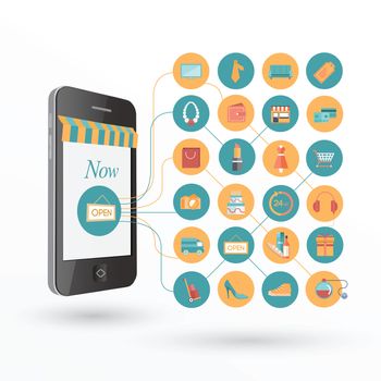 Digitally generated online shopping concept with icons and smartphone