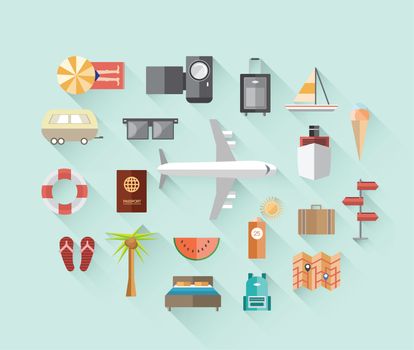 Digitally generated travel and tourism icons on blue