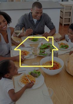 Digital composition of home outline with family having food on dining table