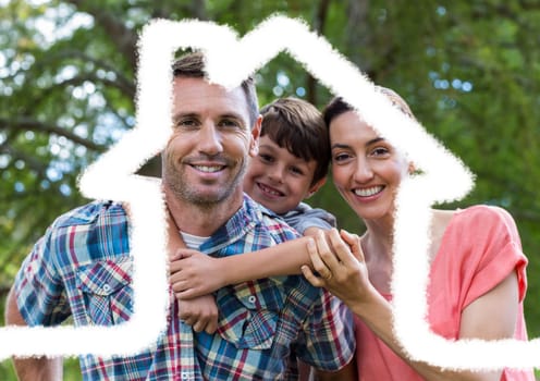 Digital composition of family standing outdoors against house outline in background