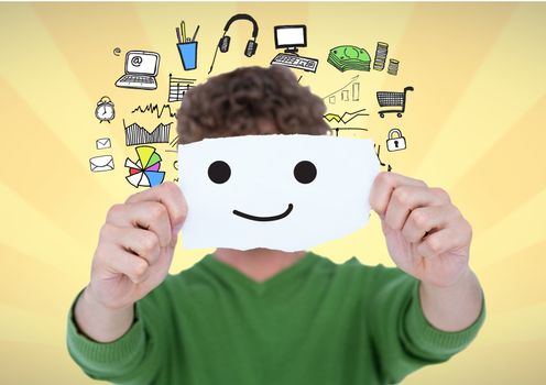 Digital composite image of man covering his face with smiley on paper with lifestyle graphic concept