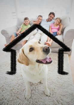 Digital composition of home outline with dog and family at home