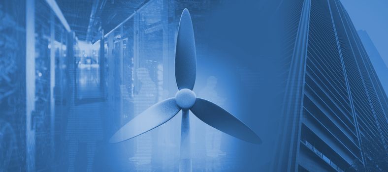 Wind mill against view of data technology 3d