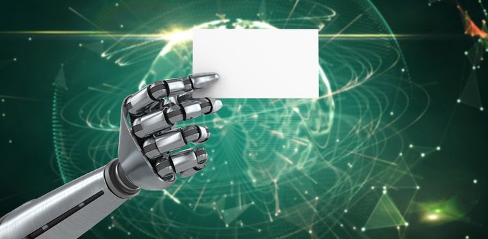 Composite image of robotic arm holding white placard against global technology background in green 3d