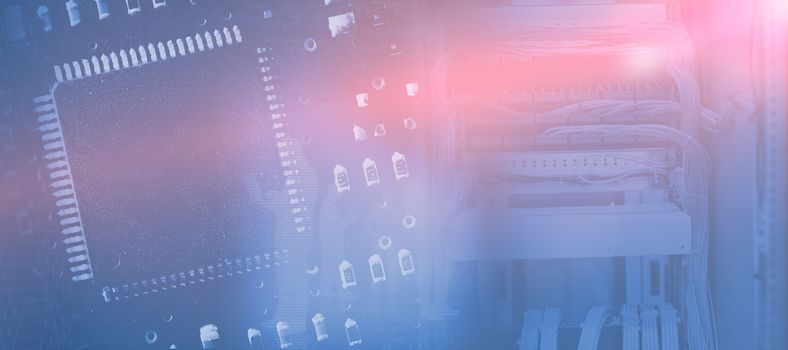 View of data technology against blue micro electronic circuit