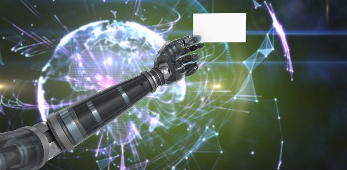 Cropped image of digital robotic arm holding blank against global technology background in purple 3d