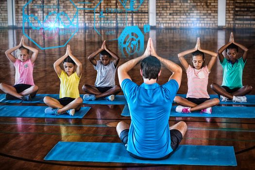 Fitness interface against school kids and teacher meditating during yoga class